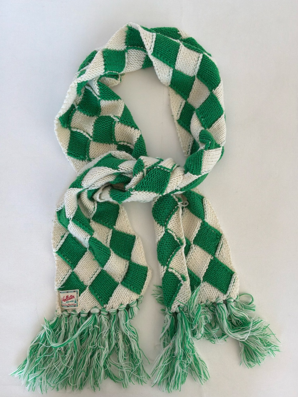 Hollister Green White Checkerboard Knit Fringe Scarf Acrylic Winter